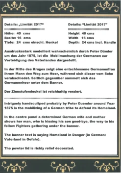 King Limitaet 2017 | Defending The Homeland Antique Style Beer Stein -Beer Steins Shop Certificate Back Limitaet 2017 13725.1489787589