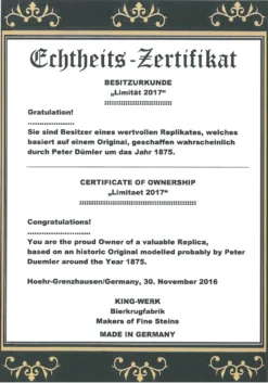 King Limitaet 2017 | Defending The Homeland Antique Style Beer Stein -Beer Steins Shop Certificate Front Limitaet 2017 91930.1489787605