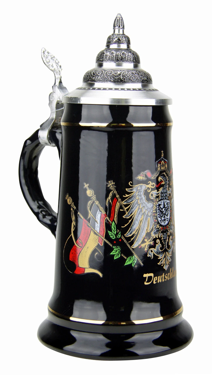 Deutschland Eagle Crest And Flags Black Glaze Beer Stein 1 Deutschland Eagle Crest And Flags Black Glaze Beer Stein