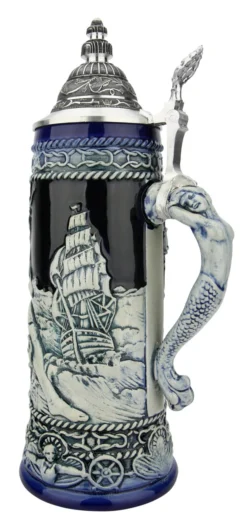 Neptune German Beer Stein With Mermaid Handle | Cobalt -Beer Steins Shop Neptune German Beer Stein with Mermaid Handle Cobalt T3121 RS SM 04561.1649792203