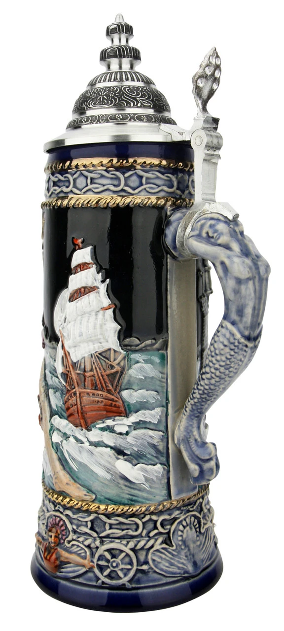 Neptune German Beer Stein With Mermaid Handle | Handpainted - Image 4