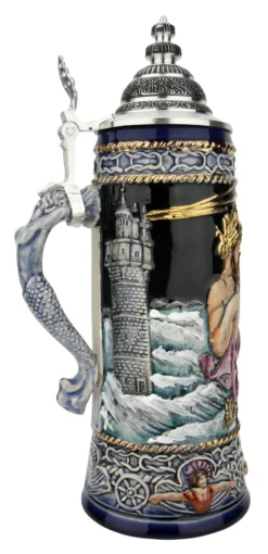 Neptune German Beer Stein With Mermaid Handle | Handpainted -Beer Steins Shop Neptune German Beer Stein with Mermaid Handle Handpainted T3122 LS SM 43577.1649790017