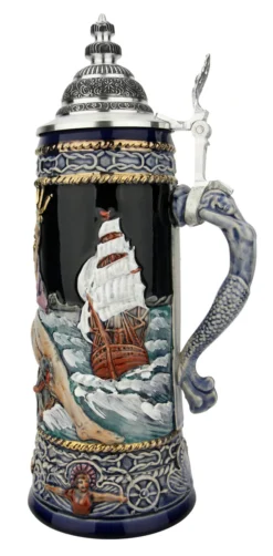 Neptune German Beer Stein With Mermaid Handle | Handpainted -Beer Steins Shop Neptune German Beer Stein with Mermaid Handle Handpainted T3122 RS SM 20331.1649790031