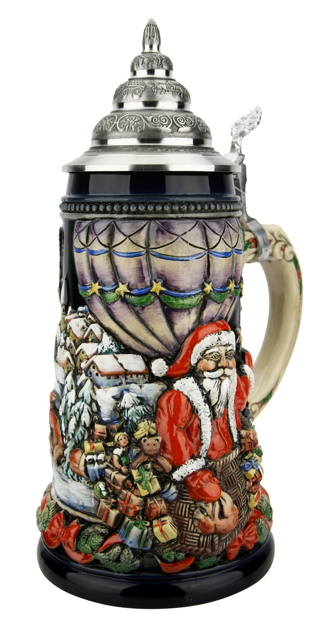 Santa In Balloon German Christmas Beer Stein | Blue Finish - Image 2