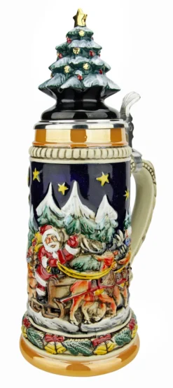 Santas Alpine Sleigh Ride German Beer Stein | Christmas Tree Lid -Beer Steins Shop Santas Alpine Sleigh Ride Christmas German Beer Stein with Christmas Tree Lid ZB15309910 RA SM 25947.1636049577