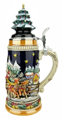 Santas Alpine Sleigh Ride German Beer Stein | Christmas Tree Lid -Beer Steins Shop Santas Alpine Sleigh Ride Christmas German Beer Stein with Christmas Tree Lid ZB15309910 RS SM 39384.1636049573